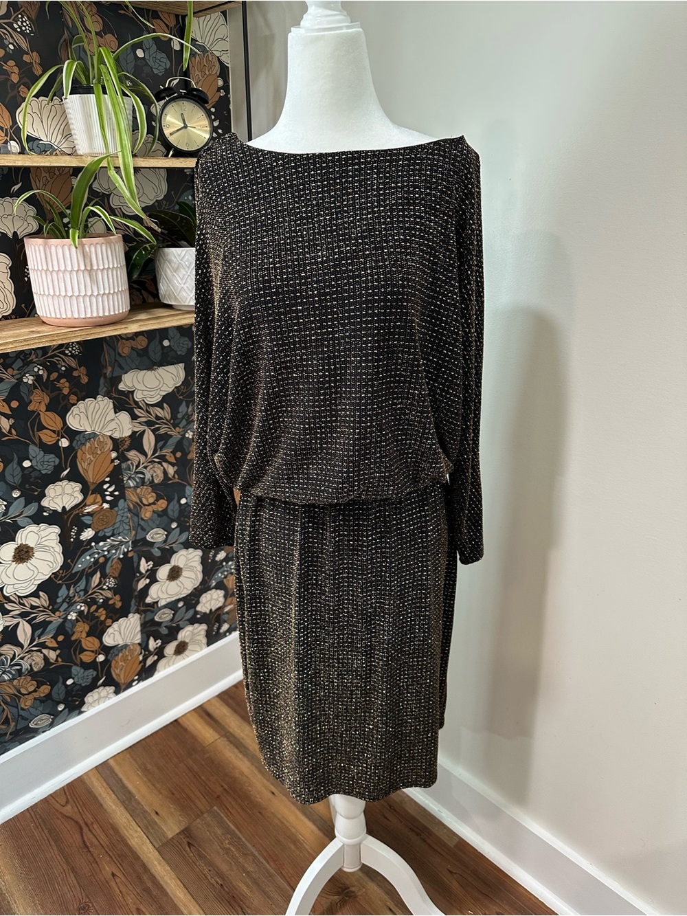Anne Klein Black Dress with Gold Sparkle Long Sleeve